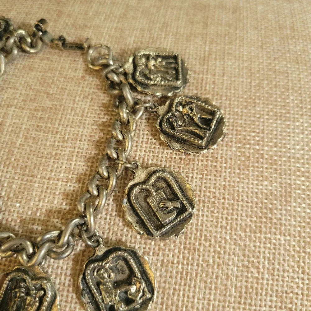 Vintage Ten Commandments Religious Charm Bracelet Silver Tone 7 Inch Cottagecore